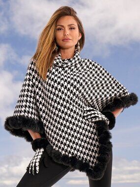 Boston Proper, Black White Houndstooth Faux Fur Trim Sweater Poncho, Size M/L